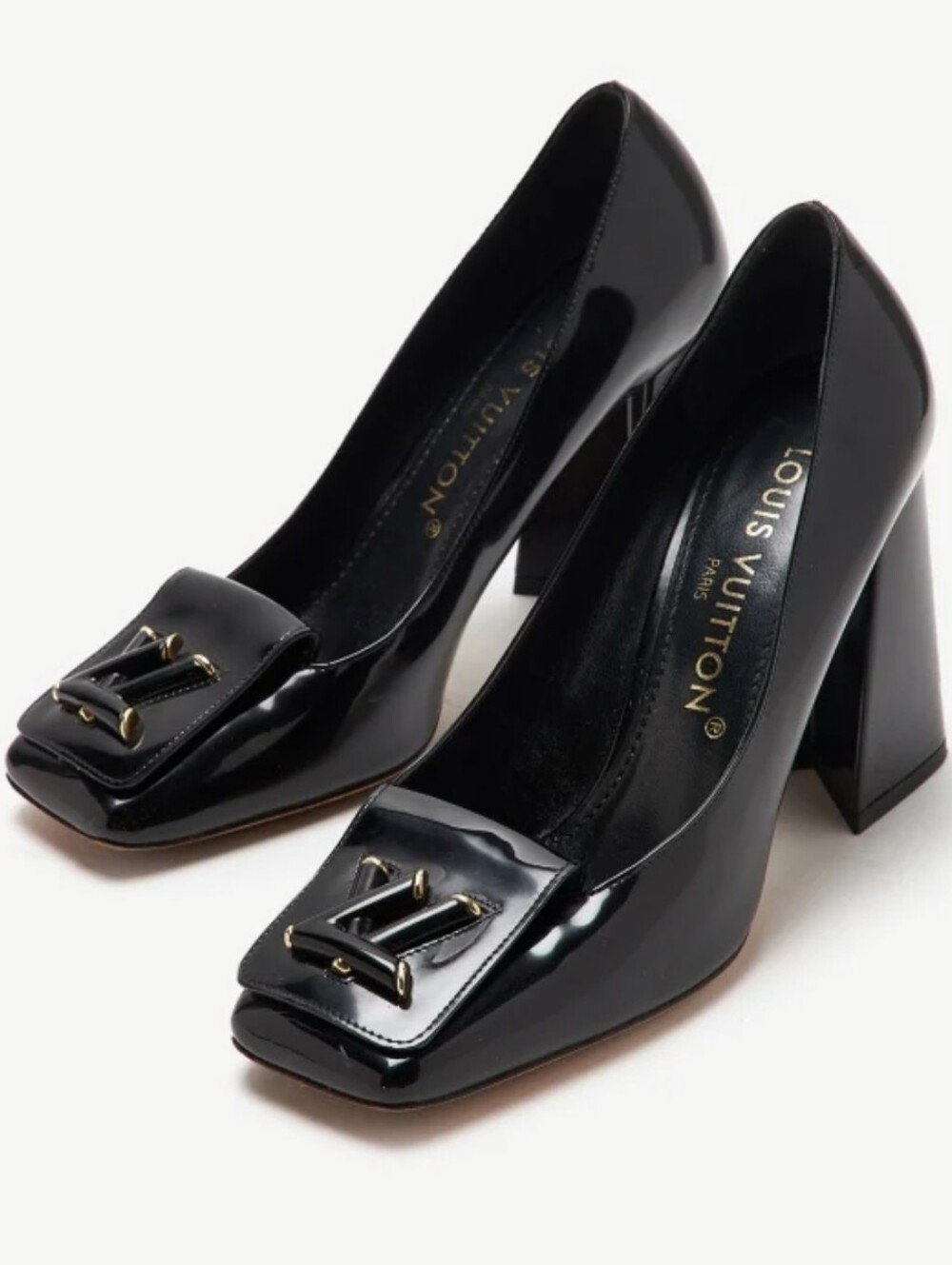 Louis Vuitton Black Patent Leather Block Heel Pumps